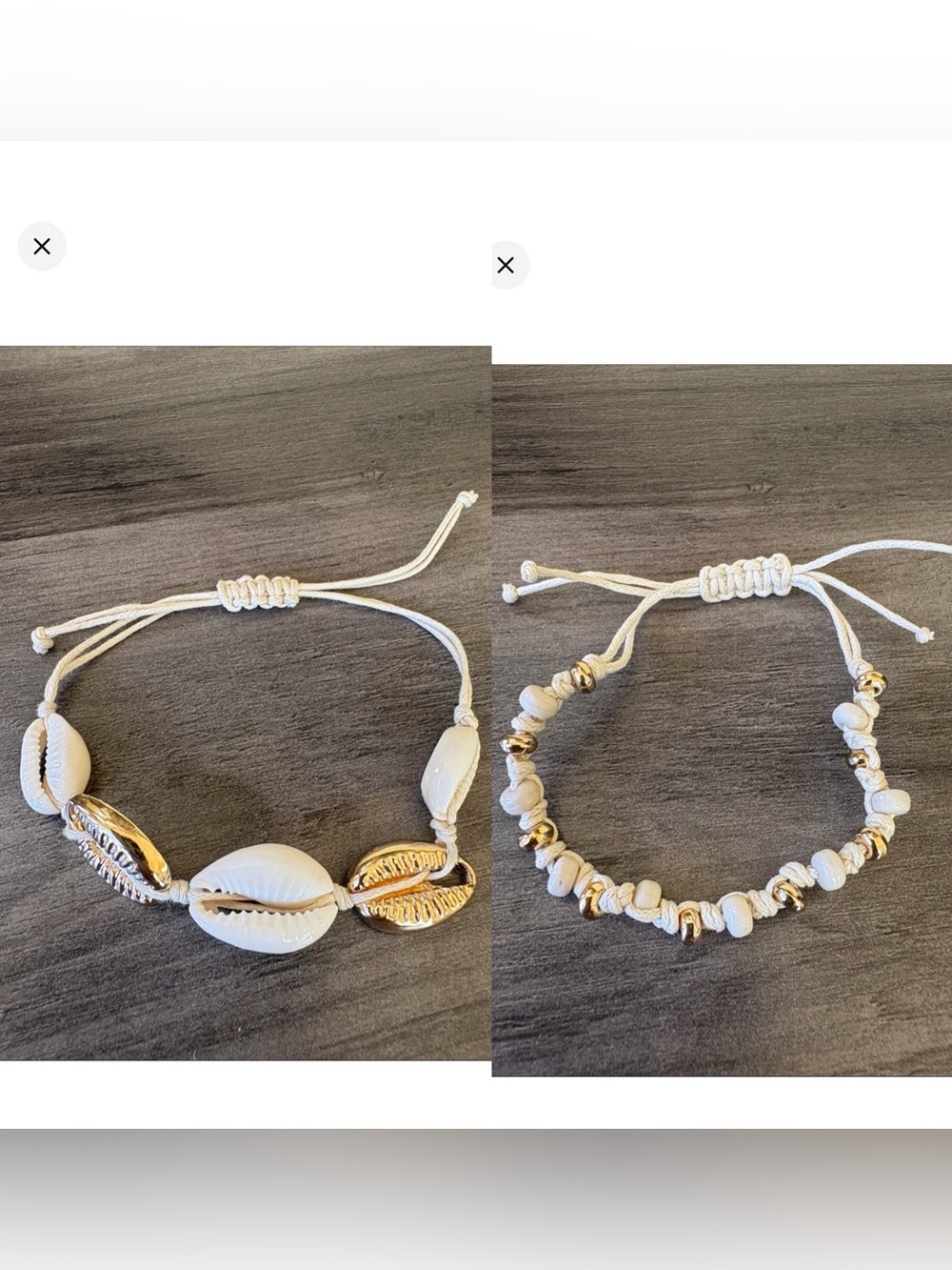 Lot of Two Adjustable Bracelets Cream, White & Gold (1) Cowrie Shell (1) Beaded